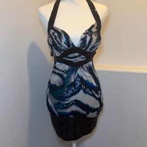 Bebe XS Halter Mini Dress Blue Black Abstract Print Sequin‎ Trim Cutout Party